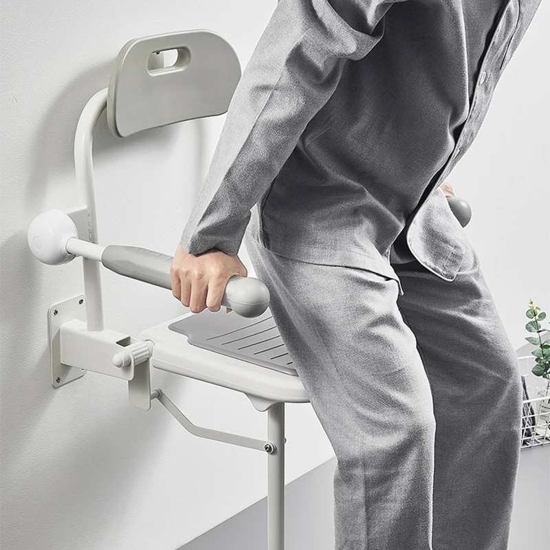 Bathroom Folding Stool with Armrests Shower Stool Height Adjustable Washable Aluminum Alloy Rebound Cushion Safe Elderly Supplie