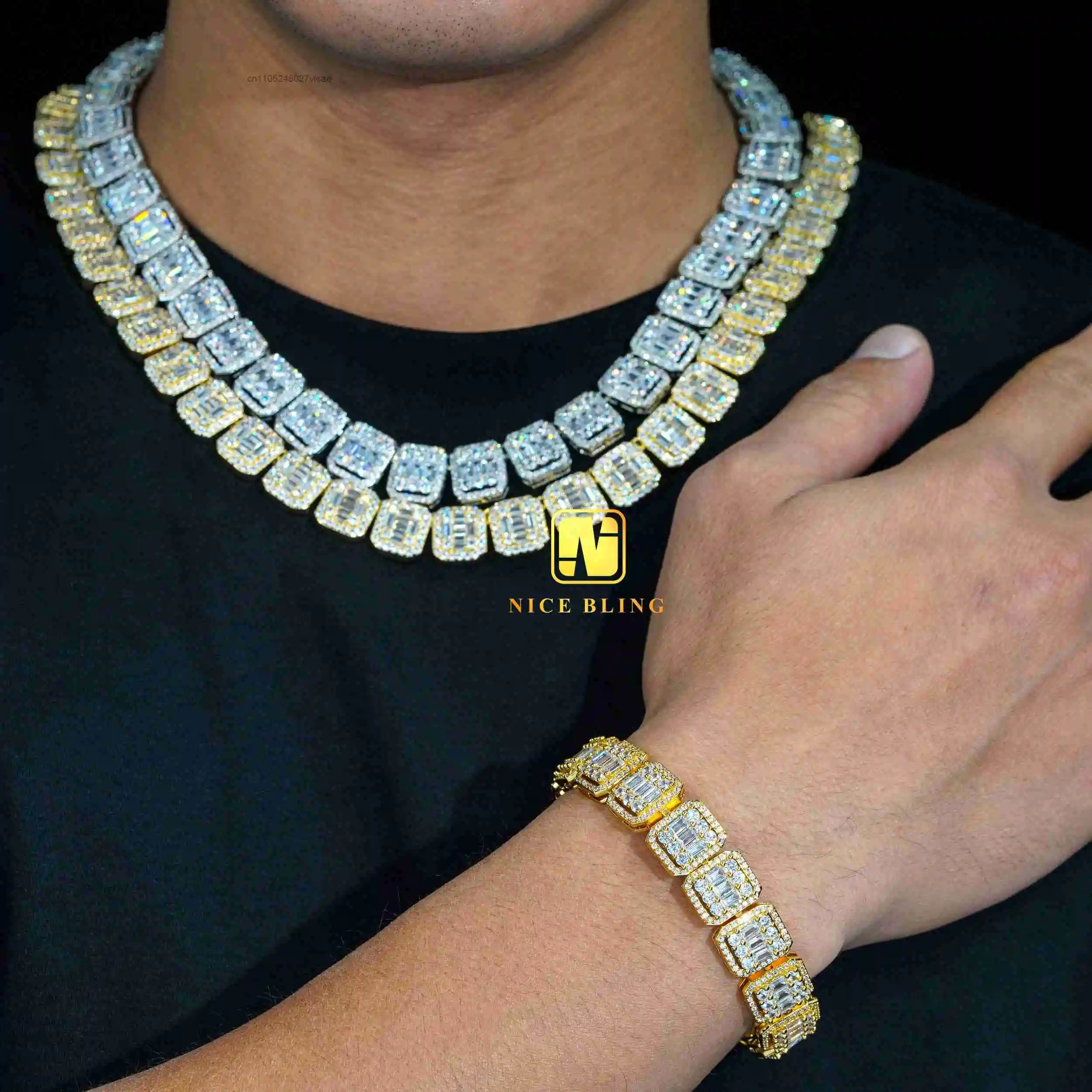 18k Price Cheap Gold Plated Necklace Hip Hop Brass Jewelry 13mm baguette Moissanite Diamond Men Cuban Necklace and Bracelet..