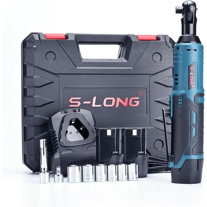 

S-LONG Cordless Ratchet Wrench Set, 3/8" 400 RPM 12V Power Electric Ratchet Driver with 12 Sockets, Two 2000mAh Lithium-Ion