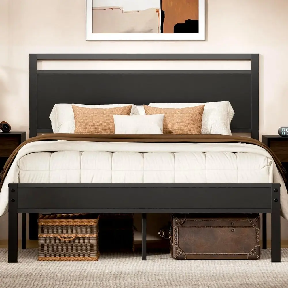 

Z-hom Queen Bed e with Ern Wood Board & ootboard, Модернизированная сверхпрочная металлическая прочная кровать e Queen Size, Стабильная кровать с платком