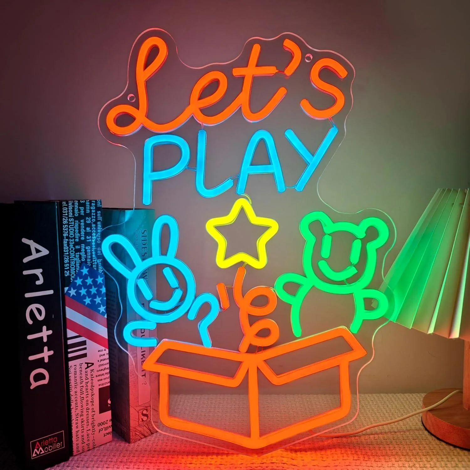 Toy Box Neon Sign USB Dimmable LED Light with Bunny Bear Design for Kids Room Game Room Nursery Dorm Wall Decor Gift Night Light