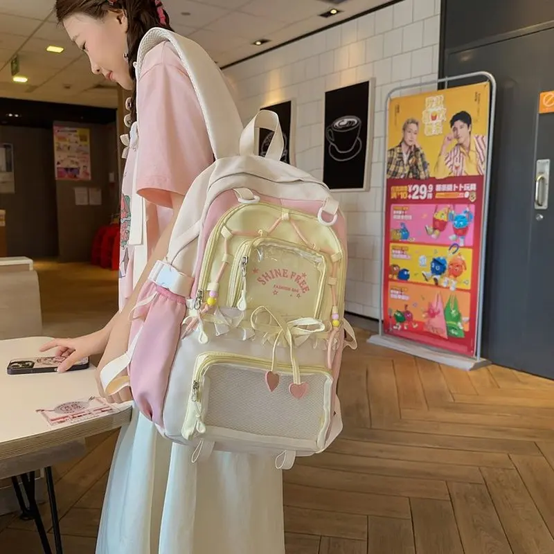 Y2K Cute Ita Backpack for Women, Sweet Girls Transparent Rucksack with Bowknot, Large Capacity Student Schoolbag College Daypack