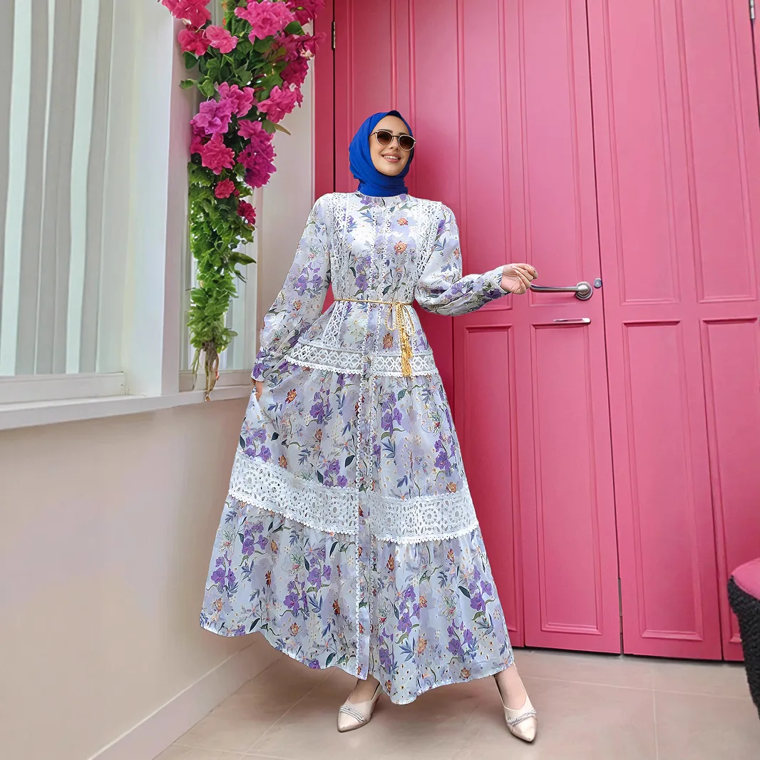 

Muslim Fashion Abaya Women's Long Dress with Heavy Embroidery Lace Splicing Printing Large Swing Dress Lantern Sleeve Dresses