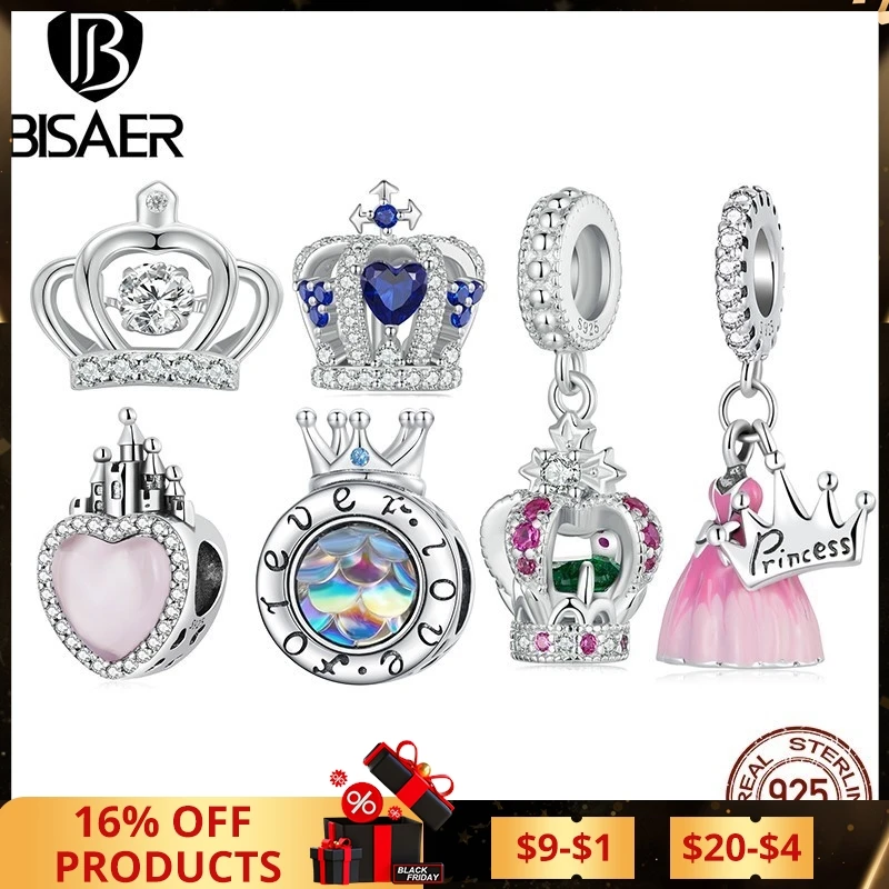 BISAER 925 Sterling Silver Princess Crown Charm Bead Pink Heart Bow Castle Pendant For Romantic Women DIY Bracelets Fine Jewelry