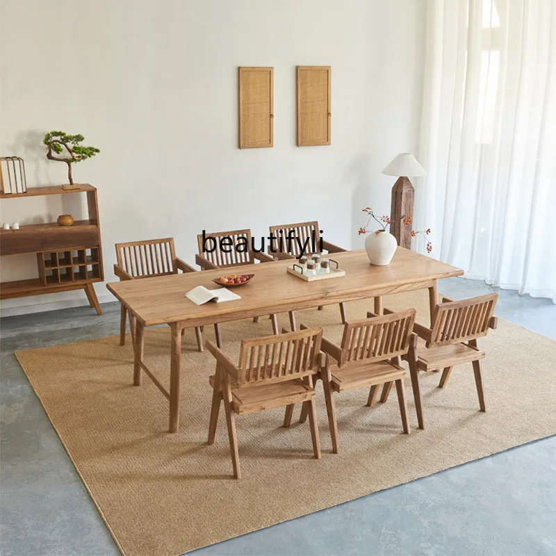 Old Elm Wood Dining Table and Chairs Solid Wood Furniture Hotel Homestay Restaurant 2.4m Long Gathering Dining Table