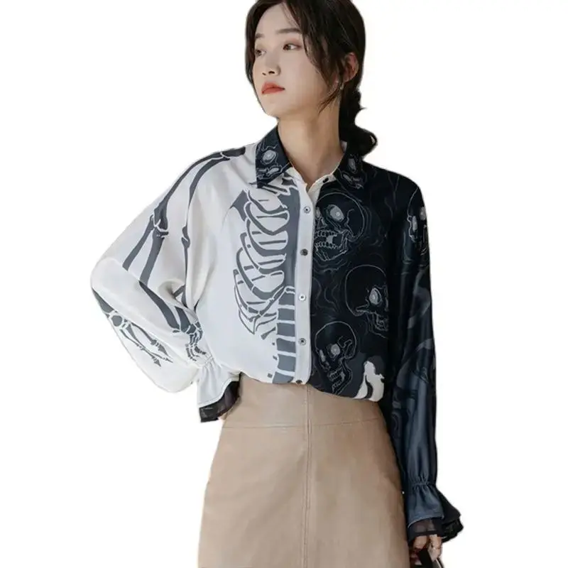 Chemisiers élégants à manches lanterne pour femmes, chemises imprimées tête de mort, chemisiers décontractés amples, streetChester, décor en dentelle, Y2K