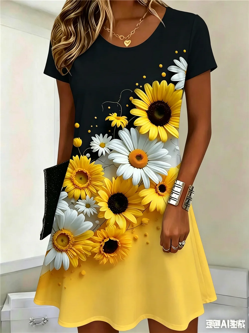 Fashion Street Blumenmuster Damen Minikleider Sommer Kurzarm 3D-Blumenbedrucktes Damenkleid O-Ausschnitt Lockeres Freizeitkleid