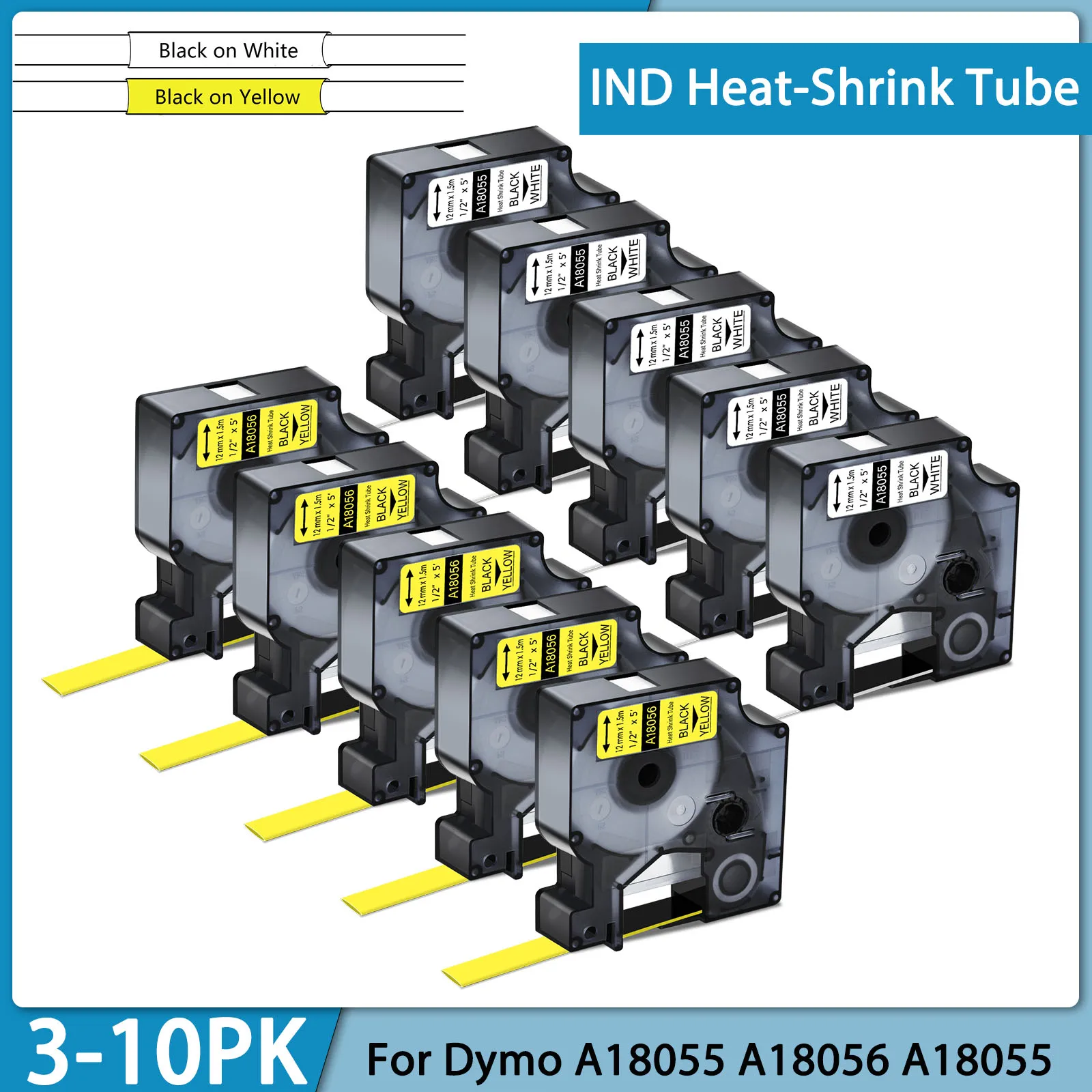 3-10PK IND Heat-Shrink Tube Compatible for DYMO A18051 18052 18055 18056 6/9/12/18/24mm Industry Label Tape For Dymo Rhino 4200
