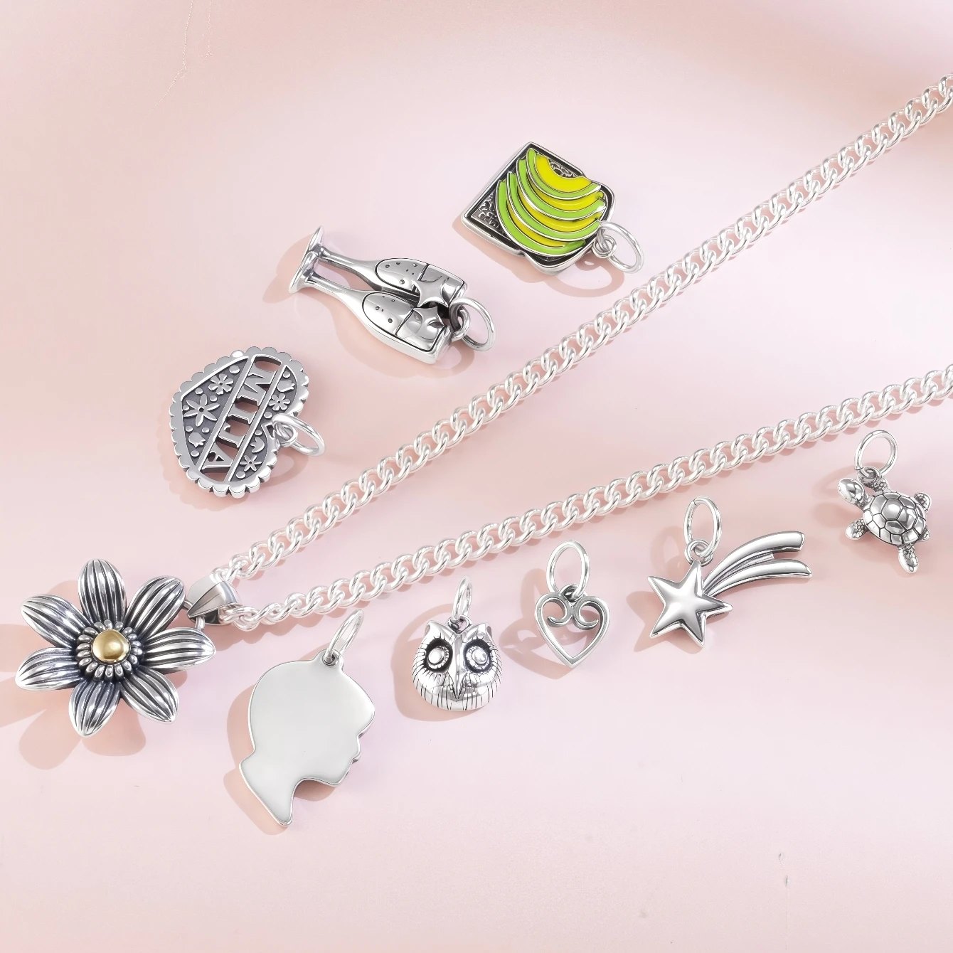 سلسلة المجوهرات الفضية S925 James Avery Retro: قلادة البومة والسلحفاة والأفوكادو والأفوكادو والشمبانيا ذاتية الصنع