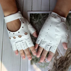 Summer Driving Sheepskin Leather Half Finger Gloves For Women's Thin Unlined Fashionable Hollow Rivets Motorcycle Riding Gloves