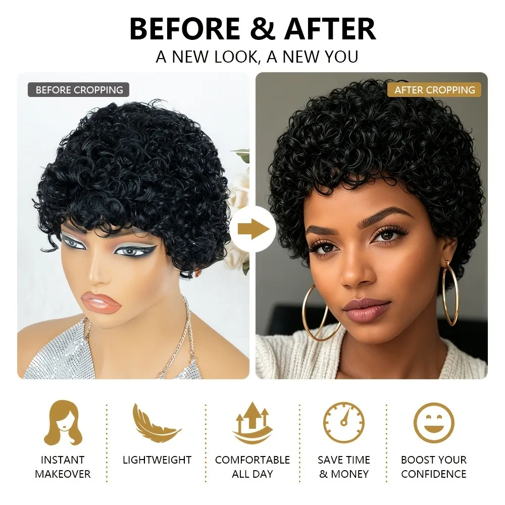 Daily and Party Wear Pixie Cut Wig Short Afro Kinky Deep Wave Natural Black Brazilian Virgin Human Hair for Black Women view 3