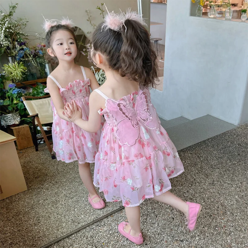 (0-3 years old) Summer Baby Girl Flower Printed Sweet Princess Dress Girl Back Bow Wings Birthday Party Dress