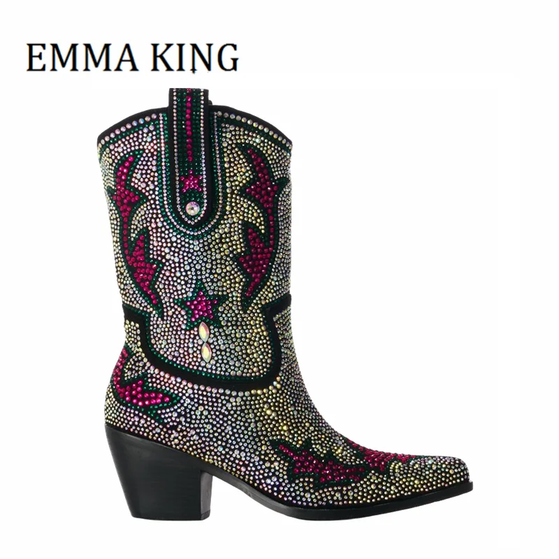 Fall Winter Multi Rhinestone Cowboy Boots Western Chunky Heel Ankle Boots Sexy Pointed Toe Star Patterning Bling Botas De Mujer