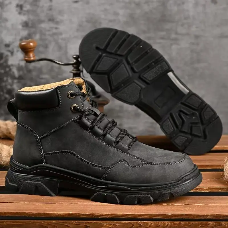 الرجال جلد طبيعي حجم كبير عالية أعلى أحذية العمل الخريف الشتاء سميكة وحيد عدم الانزلاق مقاوم للماء الدانتيل يصل أحذية التنزه في الهواء الطلق