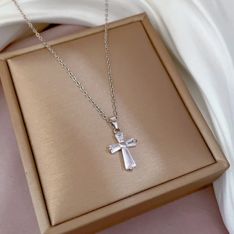 Gold Color Minimalist Simple Cubic Zirconia Cross Pendant Neckalce for Women, CZ Crucifix Neclace, 316L Stainless Steel Not Fade