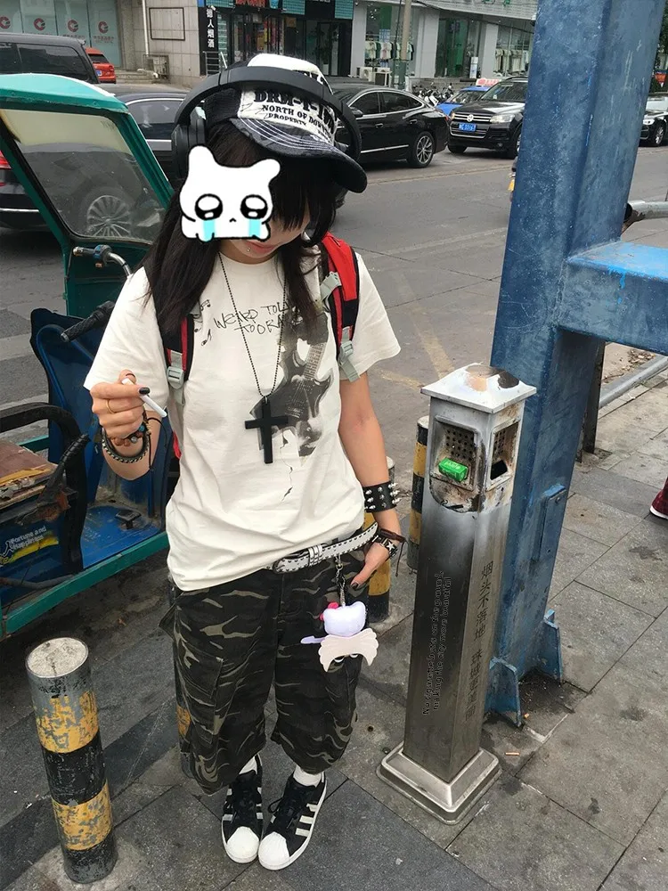 Retro American Fire Guitar ort Sve T-shirt Dames Zomer Ele Uniek ontwerp Street Sle Katoen Polyester bedrukte top