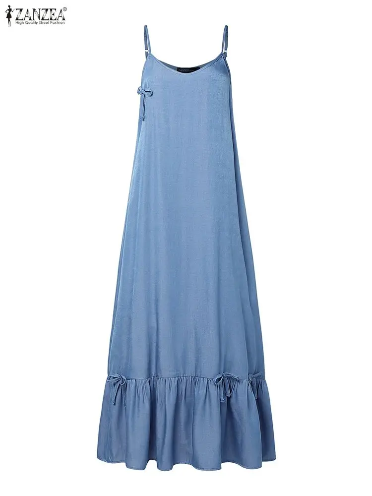 فستان خريف 2025 من ZANZEA عباية إسلامية فستان صيفي بدون أكمام من قماش الدنيم فستان صيفي أزرق رداء نسائي ملابس إسلامية