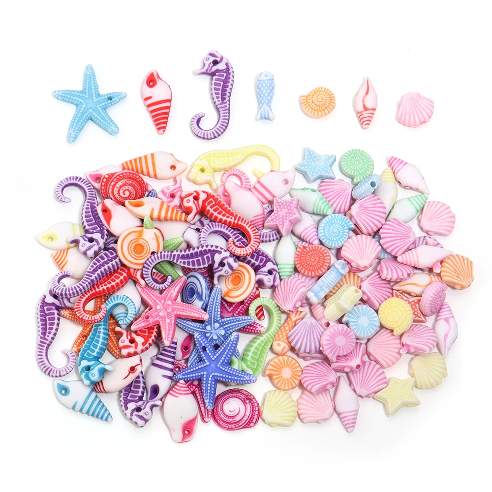 100Pcs Mixed Acrylic Plastic Marine Animals Spacer Beads Sea Horse Conch Shapes Beads Charms for DIY Jewelry Craft Making