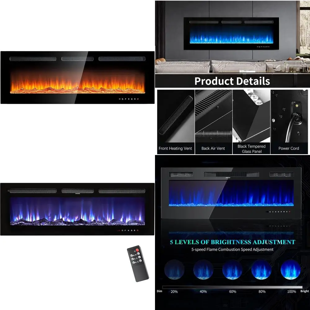 

50 Recessed/Wall-Mounted Electric Fireplace with Remote, Timer, 12 Colors