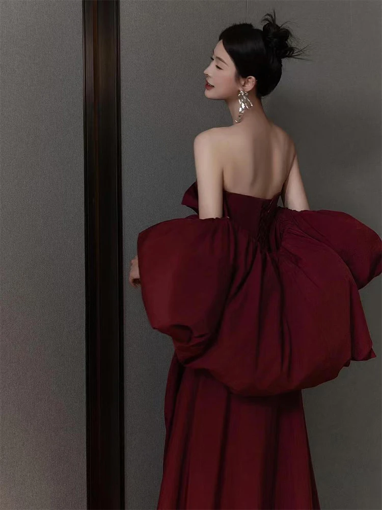 2025 French Satin High-End Design Strapless Toasting Wedding Engagement Red Banquet Host Evening Dress Slim Long Dress