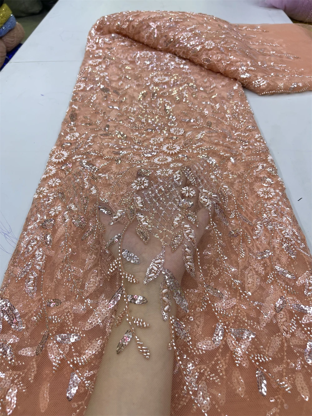 African Handmade Sequins And Beaded Lace Fabric Nigerian 2024 High Quality Velevt Pearls Lace Fabric For Bridal Wedding Dresses