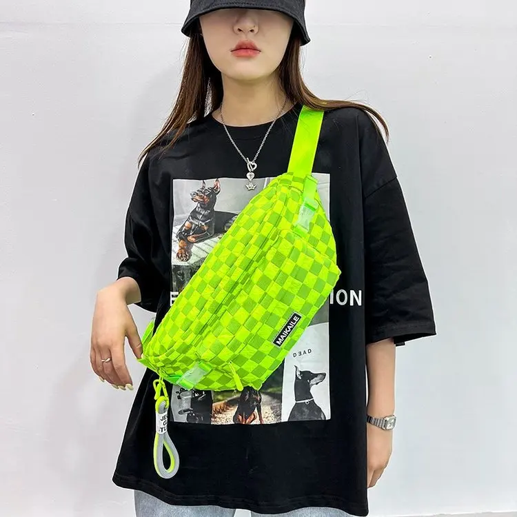 Korean Harajuku Plaid Shoulder Bag For Women Phone Chest Bag Fashion Causal Sport Waist Bag Simple Versatile Crossbody Chest Bag