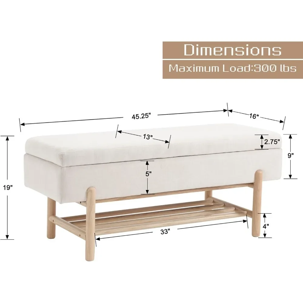 Modern Entryway Bench Upholstered Flip-Top Shoe Storage Bench Linen Fabric Ottoman Bench End of Bed with Wood Frame