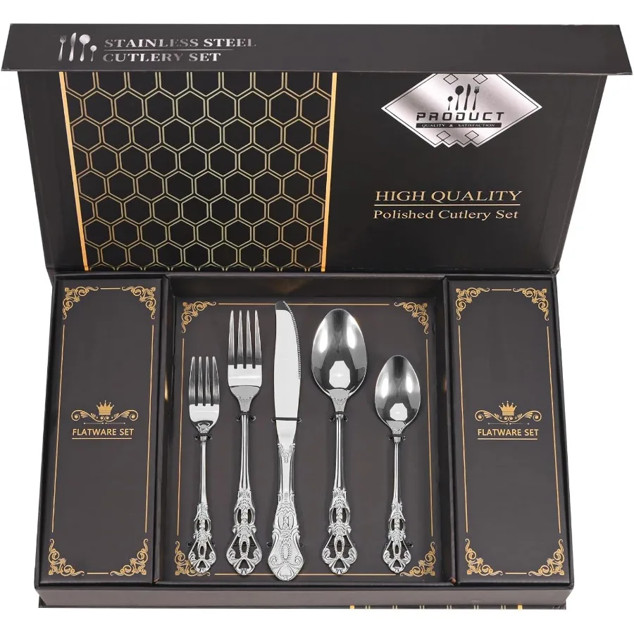 

Набор королевских столовых приборов в стиле ретро с подарочной коробкой, набор столовых приборов из 20 предметов, столовые приборы из нержавеющей стали для 4 кухонных посуды, набор для