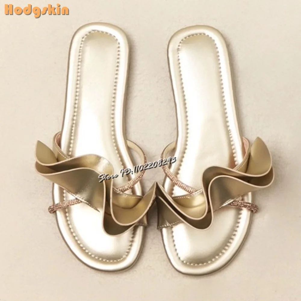 

Golden Ruffles Flat with Slippers Round Toe Crystal Straps PUll-on Mules 2025 Women's Summer French Style Beach Sandals Shoes