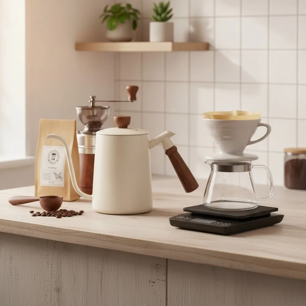 Wooden Handle Goose Neck Coffee Kettle Drip Port 304 Stainless Steel Pour-over Coffee Pot Comfortable Grip Narrow-Mouthed
