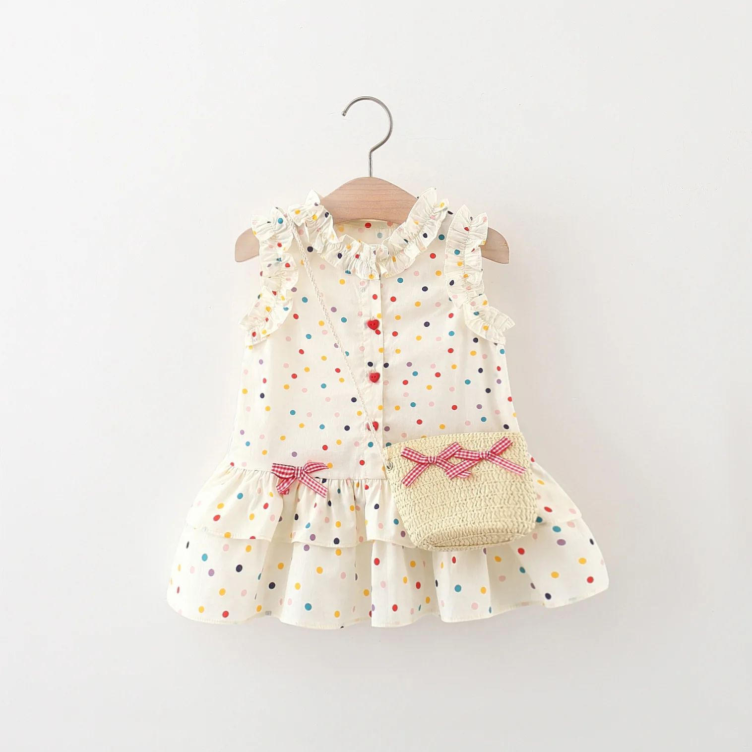 Baby girl\'s new summer dress with sweet and colorful polka dot sleeveless lace cotton dress and crossbody bag suitable for 0-4 y