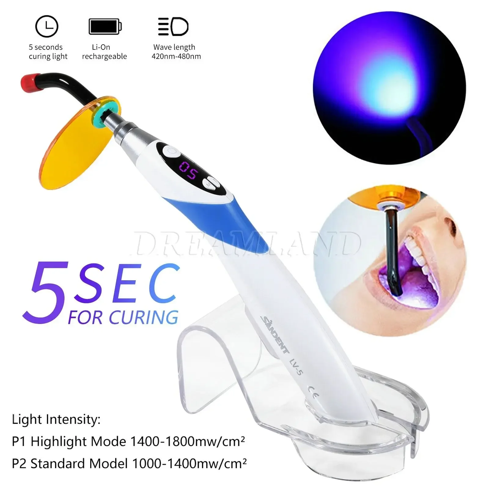 3 Colors Dental Cordless LED Curing light Lamp 5 Second iLed Wireless Resin Cure 5W 2 Modes