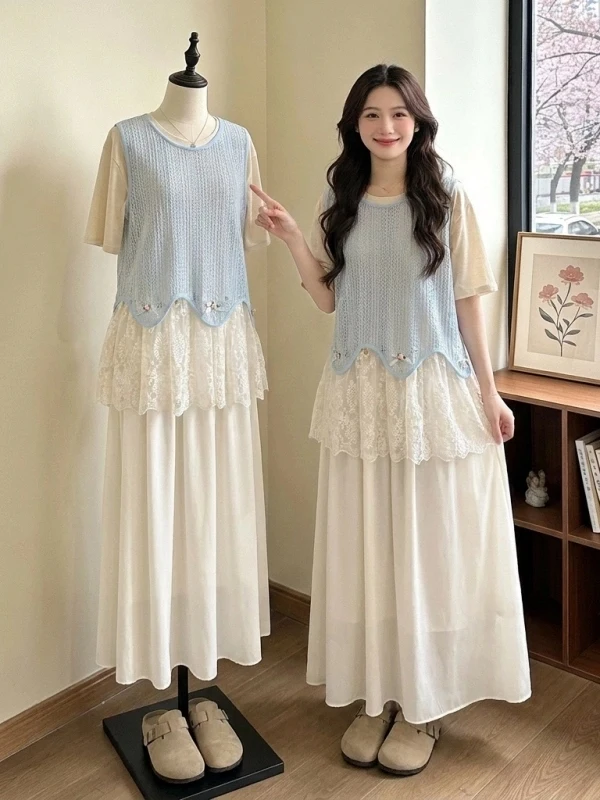 

Summer Fashion Set Women's Loose Fit Short Sleeve Blue Vest And Skirt Three Piece Suit Casual Commute Style High Waist