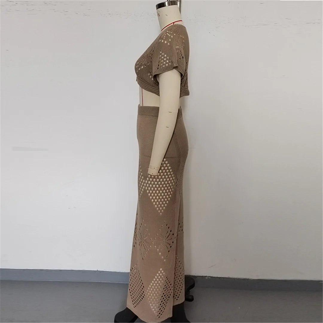 V-Ausschnitt, kurze Ärmel, gehäkeltes Strickmuster, zweiteiliges Set, Strandkleid, Strandmode, Strandbekleidung, Strandüberwurf, Damen, V6703 – Detail 18