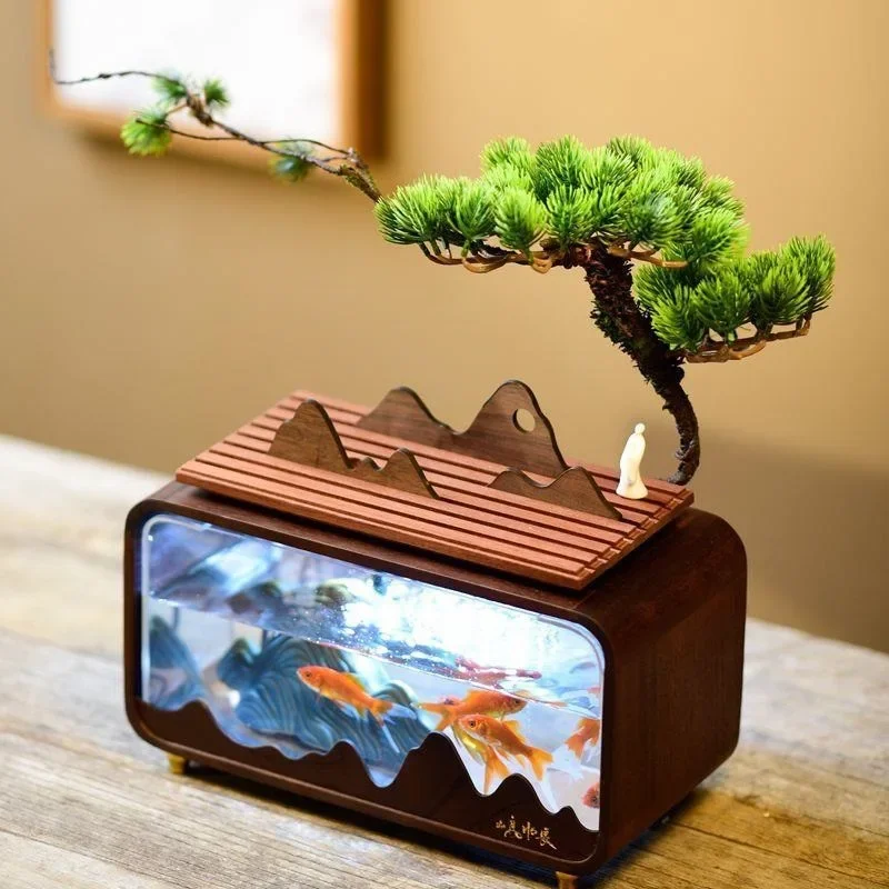 Water ornament black walnut solid wood small mini desktop fish tank