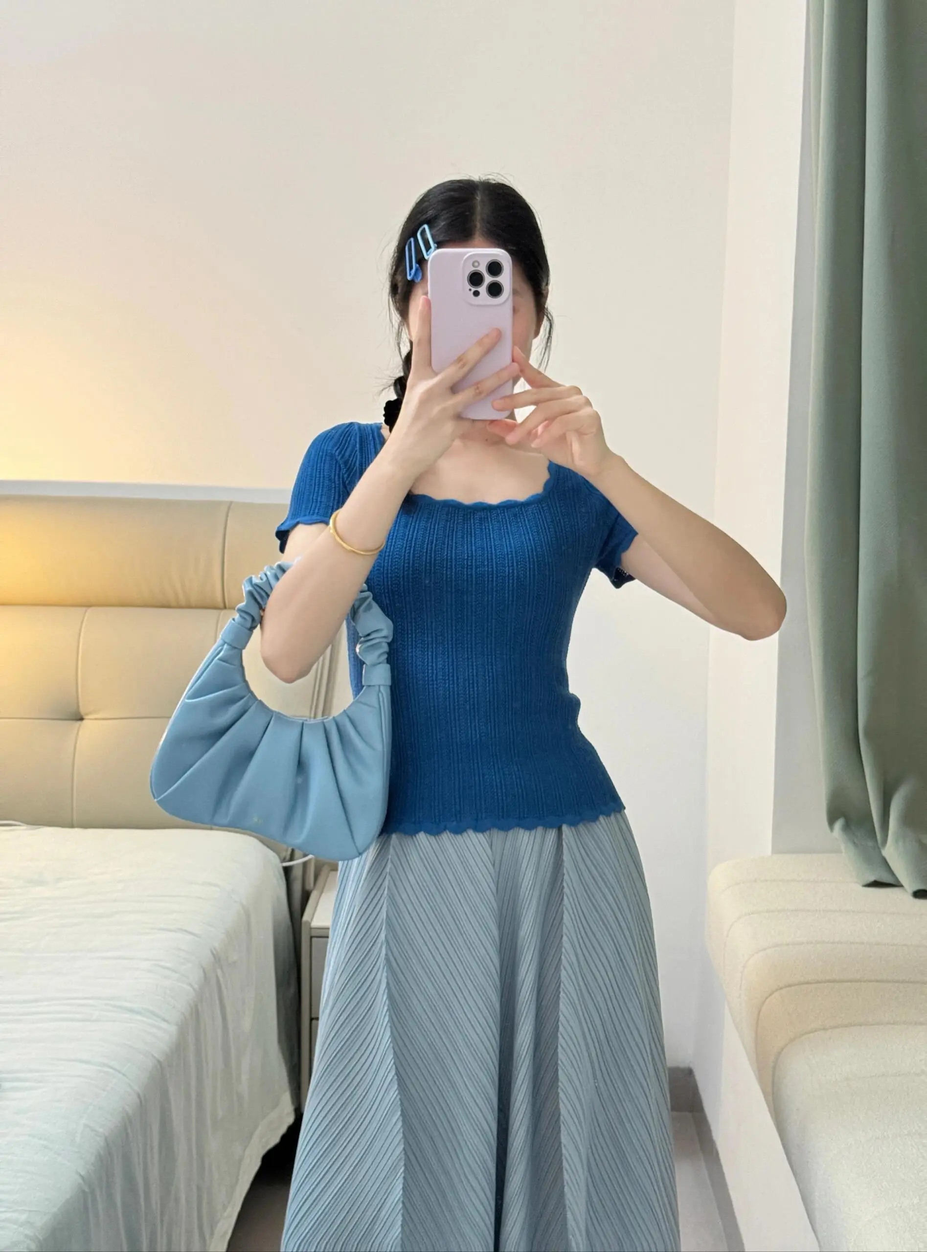 Klein Blue Square Collar Slim Fit Versatile Small Top Short Sleeve T-Shirt Korean Style Unique Beautiful Commute Wind Women's...