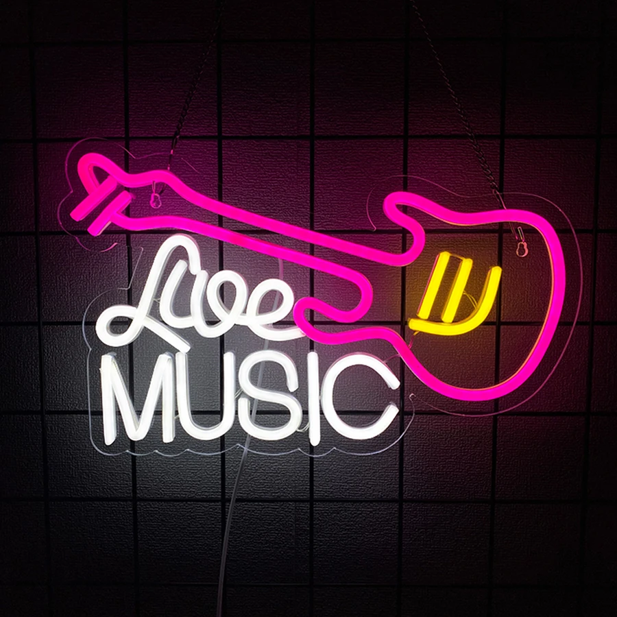 Live Music Led Neon Sign, Guitar Instrument Icon, Suitable For Music Studio, Bedroom, Bar Decor, The Best Gift For Music Lovers.