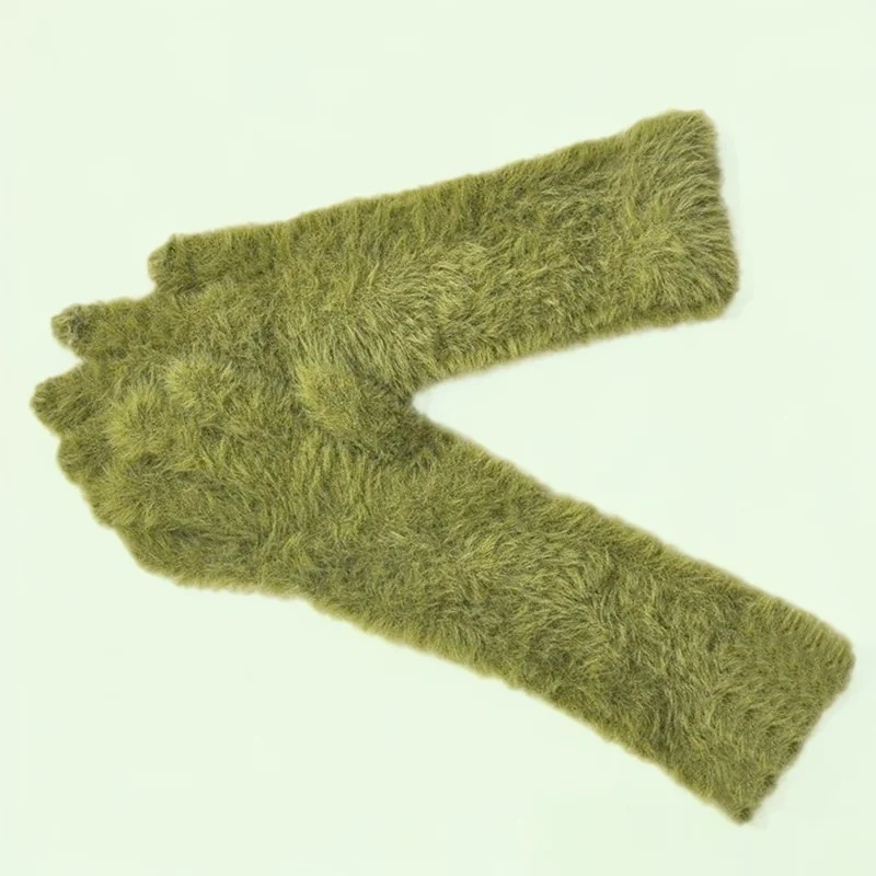 Women\'s Touch Screen Open Gloves in Autumn and Winter Long Cuff Hair Plush Gloves Green