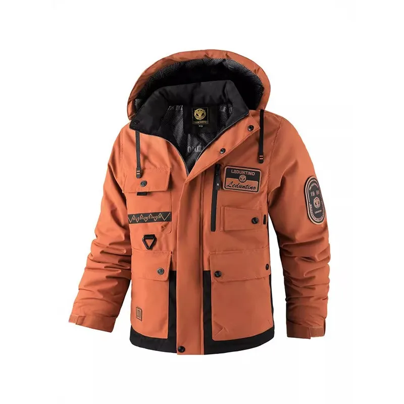 Men Outdoor Winter Men's Black Padded Jacket Removable Hood Durable Windproof Decorative Side Pockets Sleeve Zipper