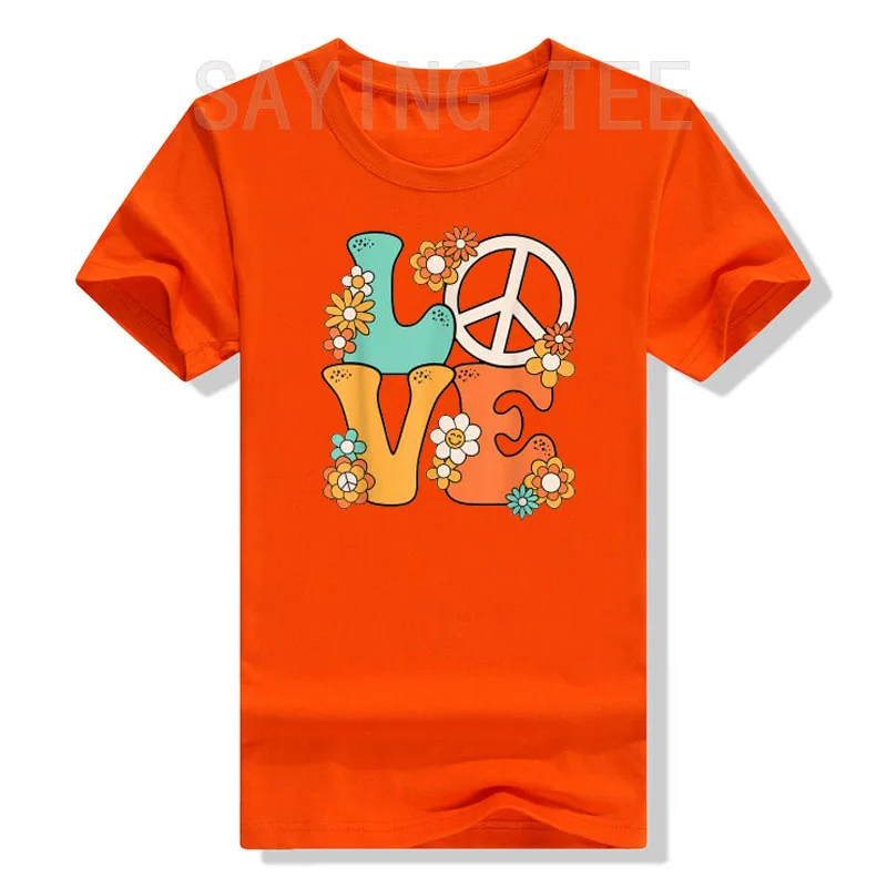 Peace Sign Love 60s 70s Costume Groovy Hippie Theme Party T-Shirt Cute Peace-Sign Print with Flowers Graphic Tee Sayings Outfits