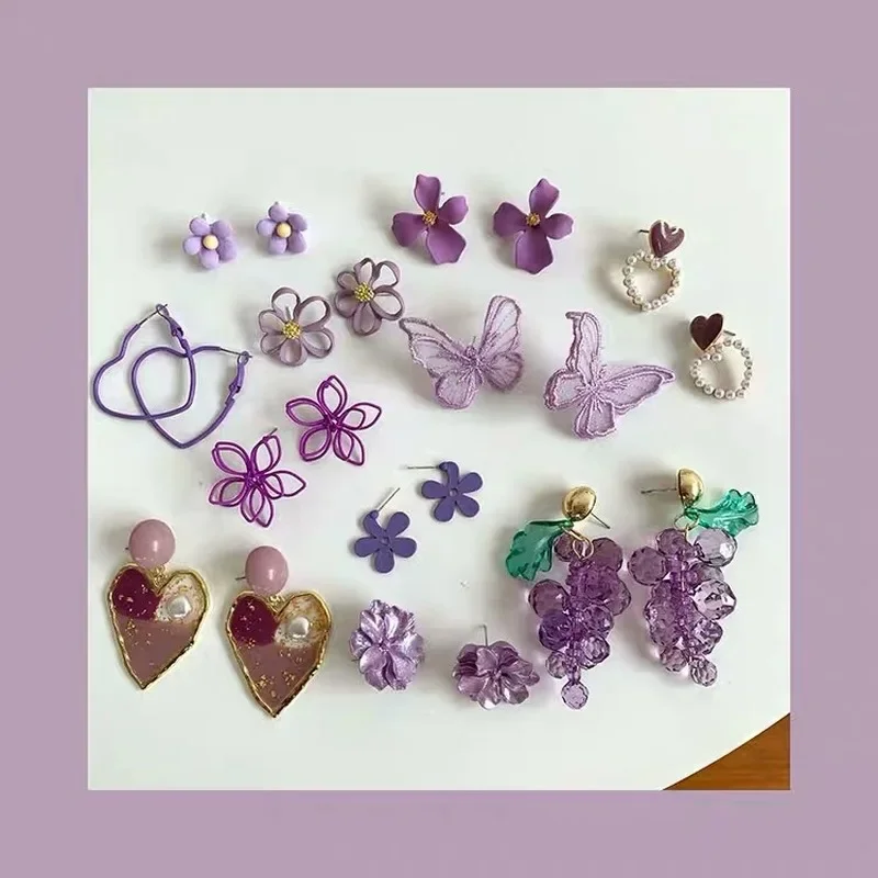 2024 New Design Purple Flower Butterfly Drop Earrings For Women Sweet Fairy Mystery Shiny Crystal Resin Lace Earring Jewelry