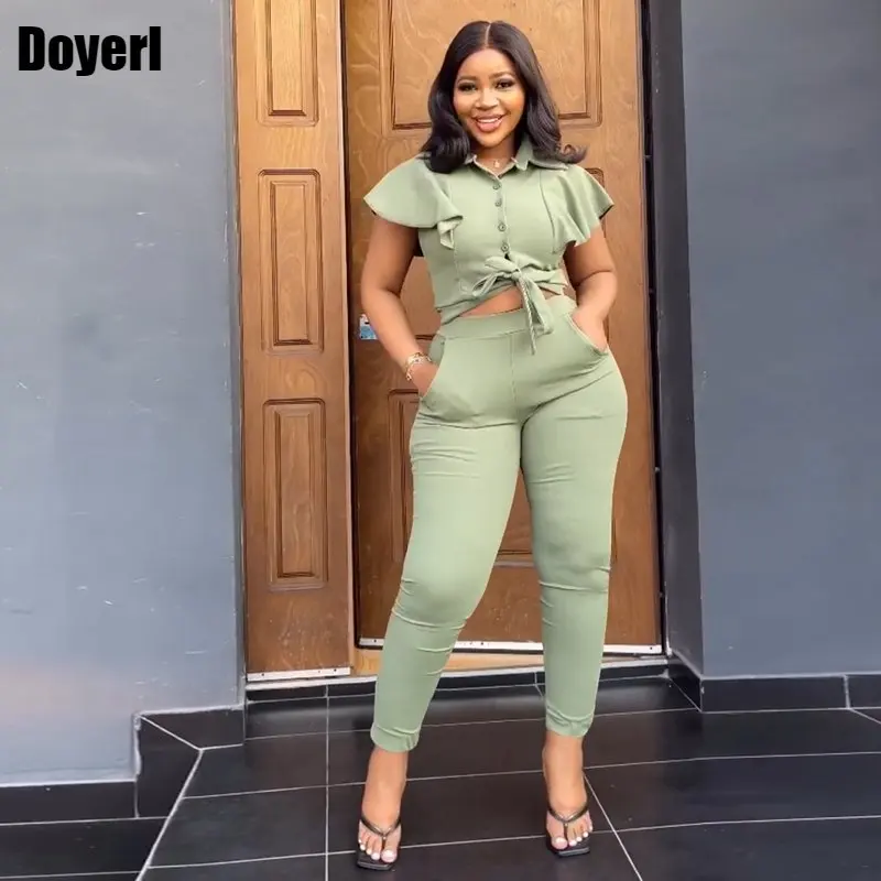 

Уличный костюм из двух предметов, офисная одежда для женщин, рубашка с оборками на рукавах и брюки, Женский комплект из двух предметов, наряд, повседневный спортивный костюм