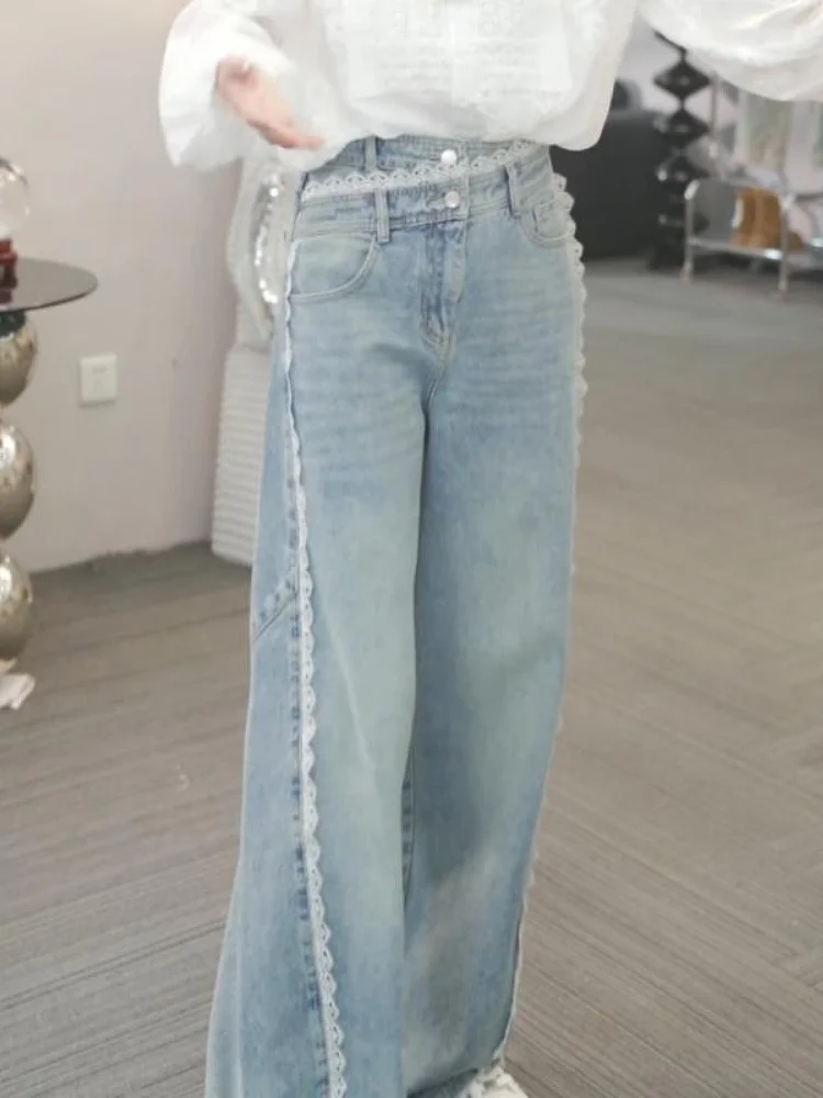 

Spring 2025 High Waist Casual Straight Leg Lace Patchwork Jeans Women's Faion Slimming Wide Leg Long Pants