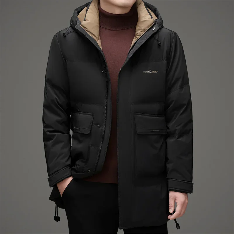 Winter 2024 Mid-length Men's Down Jacket White Duck Down High Weight Thickening Trendy Cold-proof Warm Hooded Coat Clothing