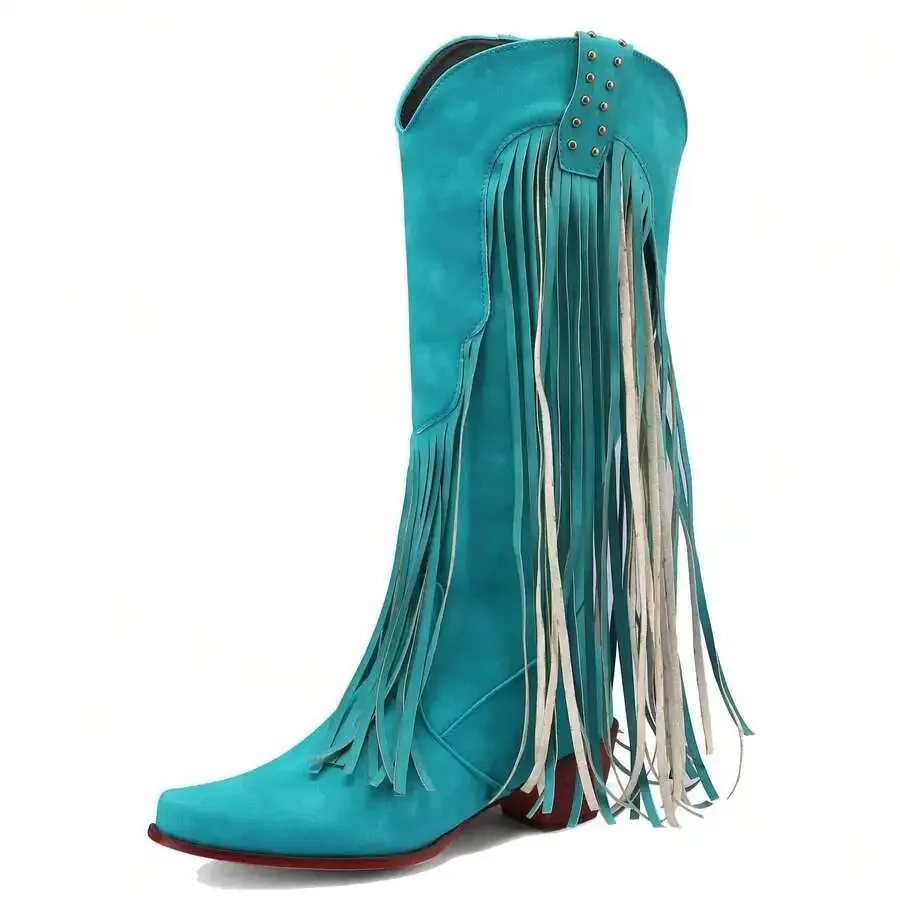 

Womens Vintage Fringe Knee High Western Boots Chunky Heel Slip-On Cowgirl Boots