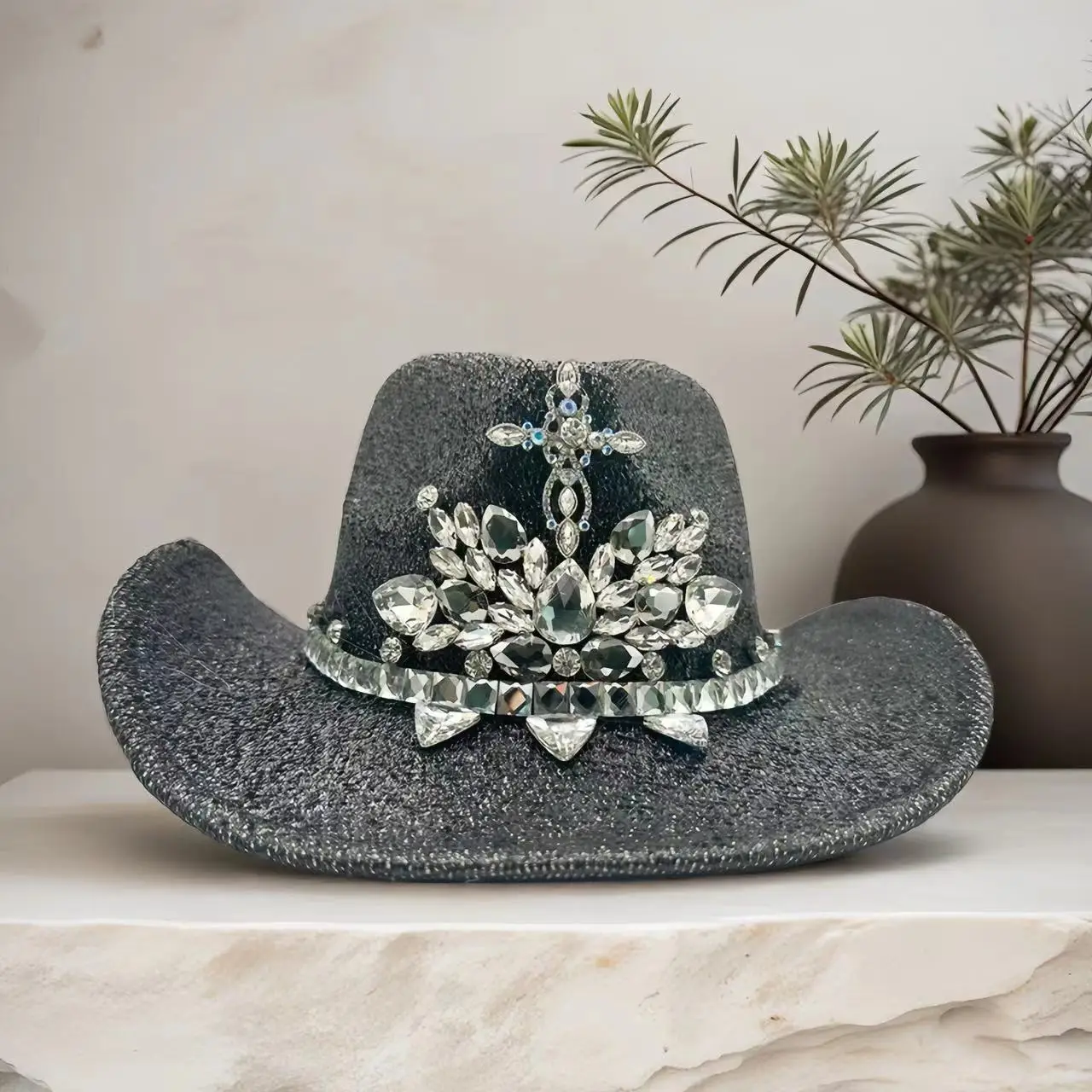 HongLuan Black Glitter Costume Hat Adult, Cowboy Hats Rhinestone for Woman, Cowboy Cosplay Female Accessories & Cowgirl Cap