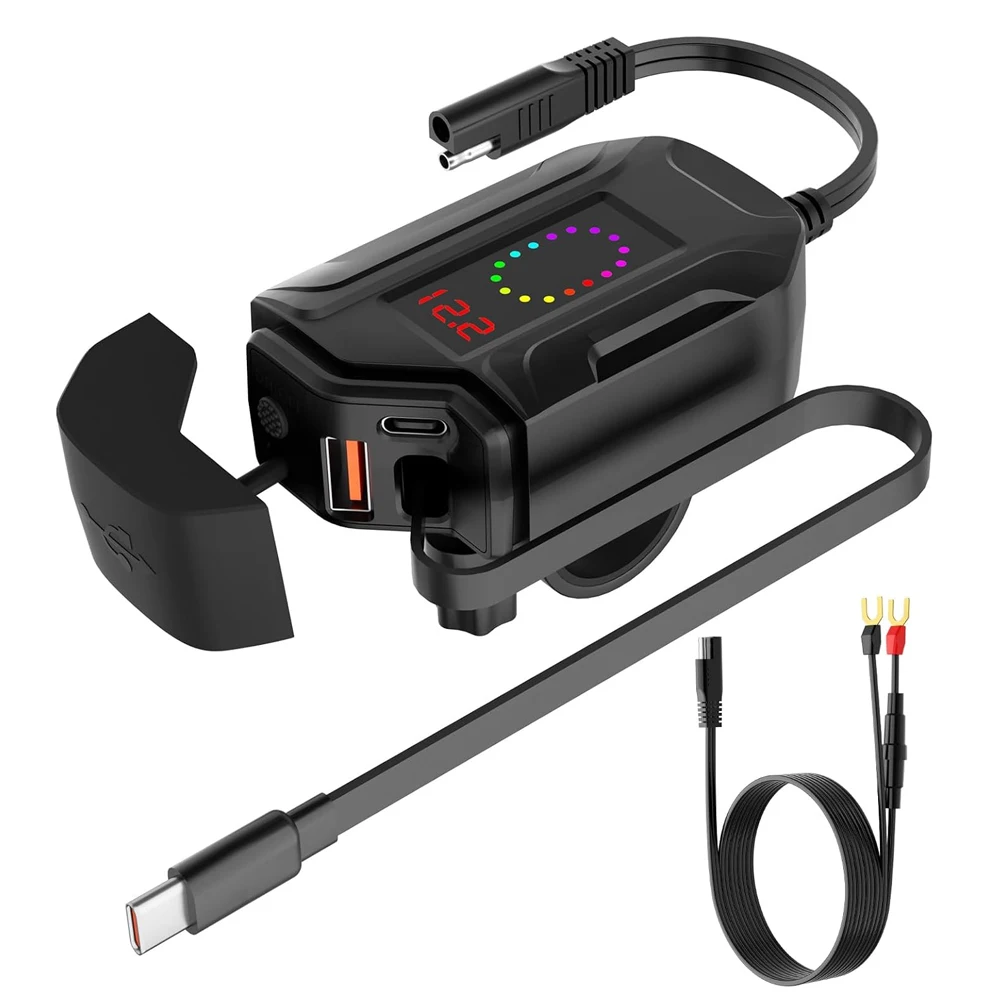 Motorcycle USB Charger, Retractable Type-C & Dual USB Fast Charging, 3-in-1 SAE to USB Adapter, Waterproof for Bike, ATV, UTV