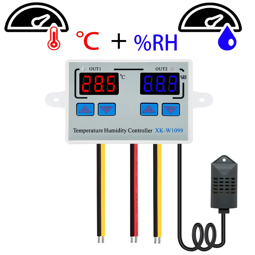 W1099 Dual Display Digital Temperature Humidity Controller DC 12V 24V AC 110-220V Egg Incubator Thermostat Humidity Controller