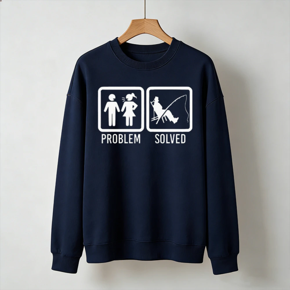 Fishing Sweatshirt Men Problem Solved Funny Graphic Long Sleeve Pullover Man Angler Design Stress Relief Hobby Gift Casual Tops
