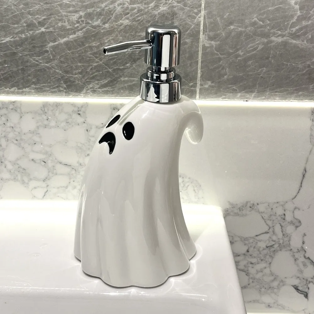 Botella dispensadora de fantasmas de 380ML, bomba de prensa, botella vacía de detergente para Halloween, champú de porcelana recargable, botella dividida cosmética